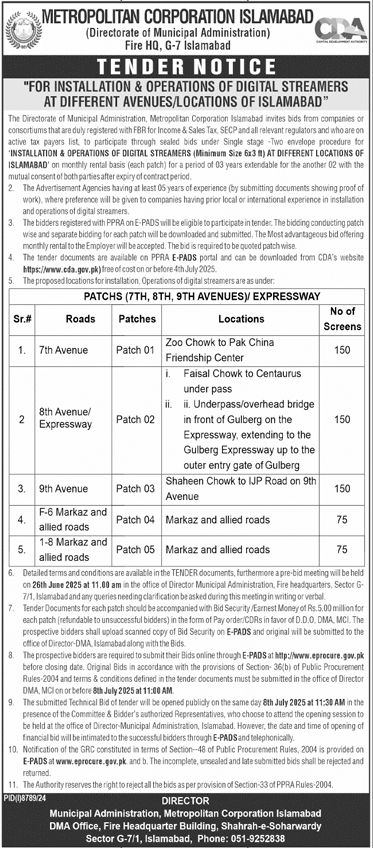 Metropolitan Corporation Islamabad Tender Notice